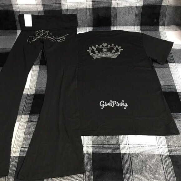 VS PINK FLARE LEGGINGS IN PURE BLACK BLING & CAMPUS TEE IN LIMITED EDITION XS-2X - Picture 1 of 10